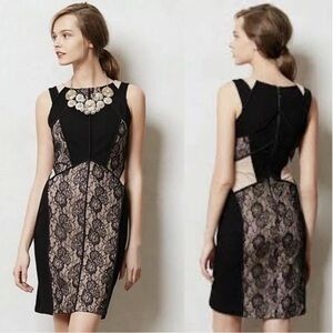 ANTHROPOLOGIE Paneled Lace Dress by Maeve Black Nude Sheath Sz 4 $188 Pencil